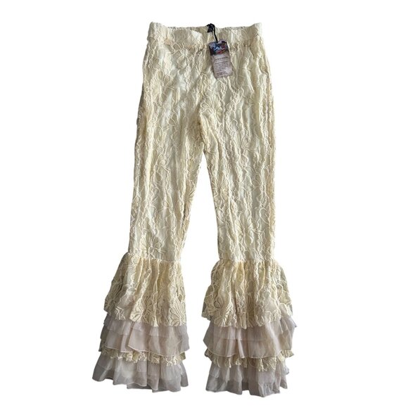 SACRED DEEDS Cream Bellbottom Lace Pants Size Medium NEW with tags - Picture 3 of 9